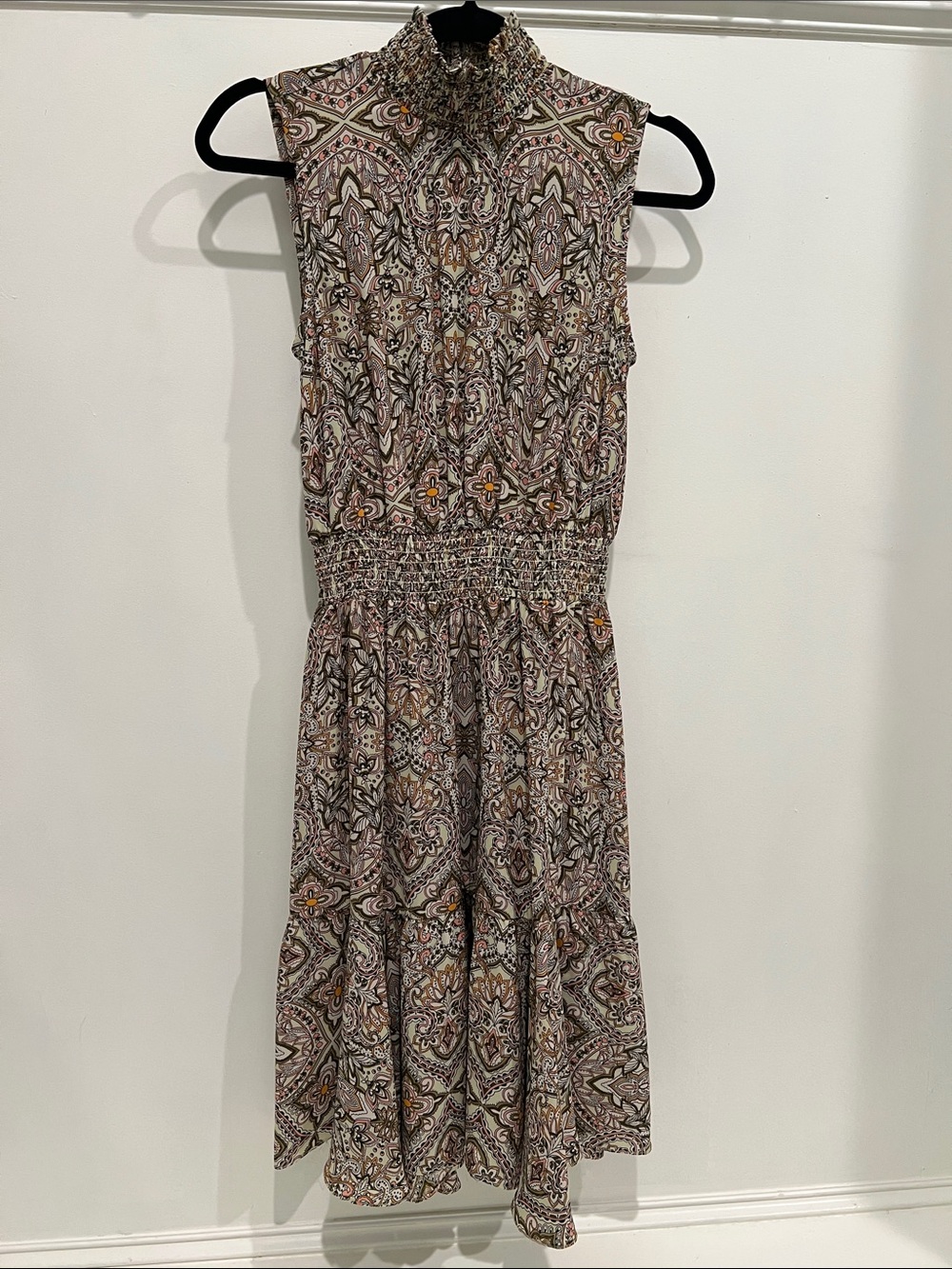 Nanette Lepore Sleeveless Smocked-Neck Paisley Midi Dress in Beige and Black